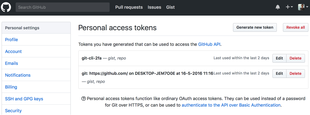 GitHub Settings의 Personal Access Token 페이지